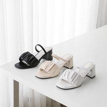 프리티슈 여성 스퀘어토 발등 밴딩 스트랩 주름 셔링 미들굽 뮬 슬리퍼 힐 6cm