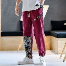 캐쥬얼 운동 차이나 패치워크 바지남자 빅 사이즈 길이 스키니 면린넨 조거팬츠 와이드 루즈핏 A266 4995193740