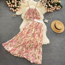 32평 33평 40평 24평 거실 커튼 나비주름 쉬폰커튼 여성을위한 여름 옷 2022 홀리데이 비치 드레스 정장 여성 우아한 슬링 짧은 탑 주름 메쉬 스커트 꽃 무늬 여성 세트