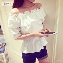 블라우스 여자 반팔 여름 루즈핏 프릴 일자넥 오픈숄더 뉴타임즈 C21 Q051B140