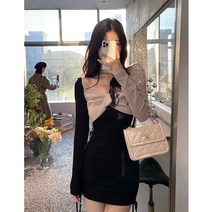 패치워크 어깨트임 오프 숄더 원피스 순욕풍 여성 봄가을 긴 소매 걸스 작은 키 숏 슬림핏 힙랩 4096762778
