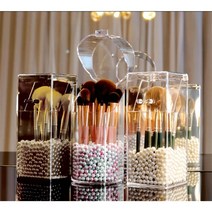 아크릴 뚜껑있는 브러쉬 꽂이 메이크업 브러쉬 케이스 진주알 포함, 육각 통+화이트 진주