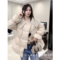 여성 프릴 숏 패딩 짧은 따뜻한 재킷 겨울 스타일 허리와 얇은 연꽃 잎 목도리 90 흰