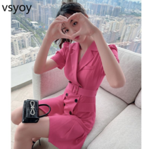 vsyoy 프랑스 정장 드레스 2022 여름 새로운 여성 로즈 레드 더블 브레스트 수트 칼라 기질 스커트 여성 여름