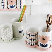 단순한 꽃그림 일러스트 도자기 수저통 젓가락 포크, 1개, 화이트플라워 2구