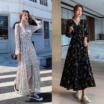 협력브랜드 여성 예쁜 꽃무늬 패턴 브이넥 디자인 긴팔 롱 원피스