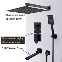 shbshaimy 매트 블랙 led 디지털 디스플레이 샤워 꼭지 세트 8quot 10쿼트 12인용 16 레인 폭포 블랙 욕조 냉온수 믹서 탭, 쓰리웨이 16인치 b, 협력사