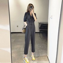 9부 포인트 웨스트 바지 반팔 점프수트 멋스러운 셋업