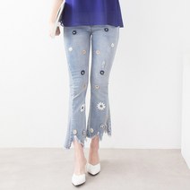 귀여운 꽃장식 부츠컷 데님 팬츠 빅사이즈 스판 청바지 바지 팬츠 미시 자수 화려한 화사한 50대 60대 60대 나팔 꽃자수 꽃장식 플라워 엄마옷 봄 여름 가을