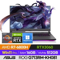 ASUS ROG STRIX G17 G713RM-KH081 고사양 배그 롤 서든 오버워치 렘브란트 17인치 게이밍 노트북 (R7-6800H/RTX3060), 윈도우 포함, 16GB, 512GB, 라이젠7, 이클립스 그레이