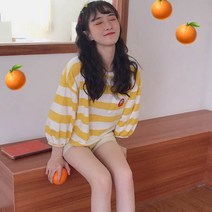 가바바 여성 맨투맨 가로 줄무늬 포켓 귀여운 캐릭터 포인트 데일리 긴팔 티셔츠 G39381