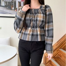 네쥬 여성 가을 겨울 크롭 스퀘어넥 프릴 체크 긴팔 블라우스