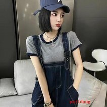puildaug 느슨한 빈티지 데님 스트랩 스커트 투피스 조커 드레스 여성 여름 역