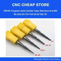 엔드밀 4개 R0.25 amp 1.0mm 4mm Shank 50L HRC55 텅스텐 솔리드 카바이드 테이퍼 볼 노즈 엔드 밀 및 콘, 한개옵션0