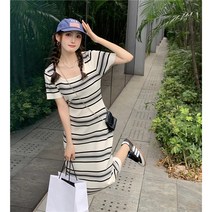 박카라 스트라이프 사각넥 반팔 니트 원피스 여성 봄 미디 스커트