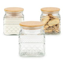 Classy Canisters 대나무 뚜껑이 있는 1.7L60온스 원형 대형 유리병 2개 세트 주방 장식 병 빈티지 다이아몬드 패턴 커피 파스타 설탕 차 스낵 너트 쿠키 밀폐 뚜껑, Square - 38oz - 3 Pack