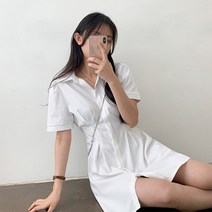 더핑크 / 핀터 카라 셔츠 핀턱 뒷밴딩 미니 원피스 [더핑크]