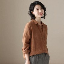 SHENGBO면 마 긴팔 셔츠 봄가을 여성 솔리드 셔츠 빈티지 린넨 셔츠NO.001QDR2L