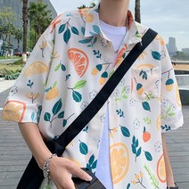 하와이안셔츠 해변 남성 여름 얇 과일 프린트 반팔 인 브랜드 전체 일치 루즈