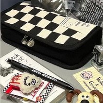 학생 바둑판 필통 펜케이스 수납 체크 파우치, 흑백체크, 1개