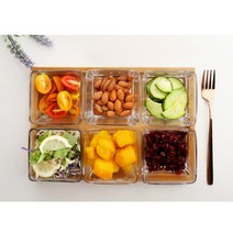 2구 3구 4구 6구 유리 나눔 반찬 그릇 우드 트레이 세트 투명 칸 접시 세칸 네칸 칸칸 찬기 유리 소스볼 종지 그릇 드레싱 마른안주 혼술 물김치 피클 과일 디저트 혼밥 식판, 4. 정사각 6개