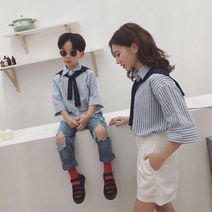 30대커플룩 부모 자식 여름 네이비 칼라 세로 줄무늬 셔츠 엄마와 딸 아들 유행 패밀리룩