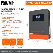 태양광인버터 PowMr 하이브리드 태양광 인버터 충전기 3KW 24V 230VAC 출력 PV 450VDC MPPT 80A 태양광 충전 컨트롤러 리튬 배터리용, 1.3KW 24V - Without Wifi-220-2
