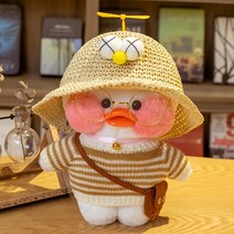 PKTOYS DIY귀여운갸우뚱 오리인형 행운 오가닉애착 빵빵덕오리 인형 스마스 가족 선물, 노란색 큰 눈 모자 갈색 흰색 줄무늬 스웨터 갈색 가방, 흰 오리 [생일 노래 노래]