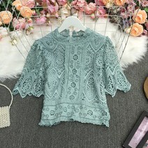 블라우스 캐주얼 반팔 레이스 탑 블랙 탑과 블라우스 프릴 blusa mujer 핑크