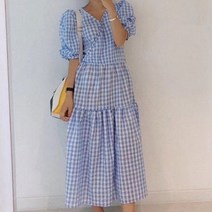 [랜덤플레이] 브이넥 체크 프릴 롱 원피스