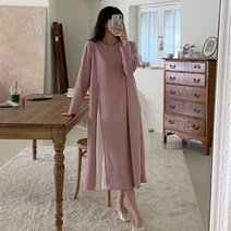 퍼니걸스 6073 루즈핏 라운드 배색 주름 플리츠 롱 원피스 여성의류