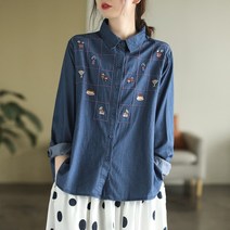 여성 청난방 Dale 부드럽고 편안한 텐셀 데님 긴팔 셔츠 가을 손 자수 얇은