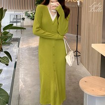 라라벨 여성용 원피스 에이플 브이넥 버튼 골지 베이직 데일리 롱 니트 원피스