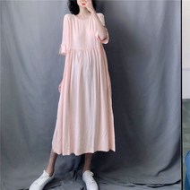 여성용 반팔 롱 원피스 루즈핏 5부소매 a라인 원피스 라운드넥 봄 여름 SFW0327028