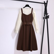 나시 원피스 세트 여성복 기질 여신범 긴팔 상의+멜빵 스커트 투피스