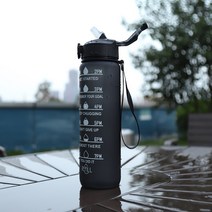 1000ml 스포츠 물병 시간 마커 야외 체육관 여행 휘트니스 학생 마시는 물 컵 짚 drinkware와 함께, 02 Black