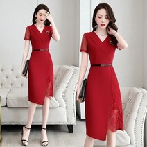 예복원피스 아나운서 빅사이즈 우아한 무릎 길이 패치 워크 레이스 한국 드레스 여성용 벨트 짧은 소매 여