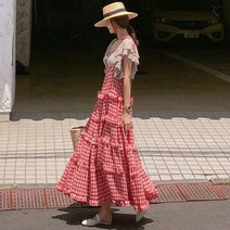 여성 로맨틱 캐주얼 코튼 루즈핏 멜빵 케이크 원피스 빈티지 체크 프릴 인형 롱스커트