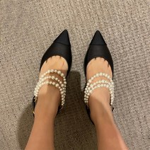 콤비 메리제인 투톤 배색 퀼팅 진주 스트랩 스틸레토 미들힐 플랫슈즈 체인샌들