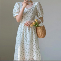 DOUAI 프레시 스위트 퍼프 플라워 원피스 여 여름 키 작은 허리 여리여리 A라인 스커트 롱스커트