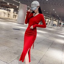 Makone여성 롱 원피스브이넥 슬림 긴팔 원피스 여 가을 심플 빈티지 블랙 스커트 날씬해 보이는 트임 롱 스커트