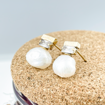 못난이 납작 천연 담수 진주 큐빅 귀걸이 침 이어링 골드 스터드 혼주 한복 웨딩 하객