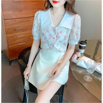 상의 봄 가을 여성 쉬폰 셔츠 여름 루즈핏 플라워 반팔 상의