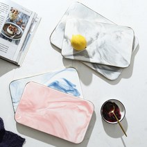 직사각 타원 대리석 오브제 골드 마블 트레이, 라운드트레이-소형, 블루