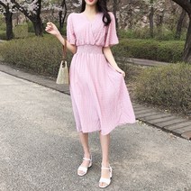 바이퀸즈 쉬폰 랩 양브이 뒷리본 롱 플레어 원피스