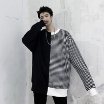 남성 체크 맞 춤 긴팔 커버 남성 일본 길거리 빈 티 지 패션 캐 주 얼 루즈 후드 맨투맨