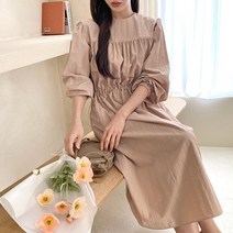 코지 여성 20대 청순한 데일리룩 허리밴딩 베이직 라운드 롱원피스