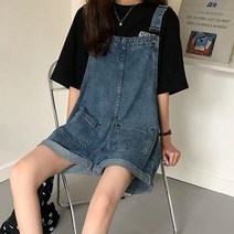 싸다구 캐주얼 멜빵 팬츠 느낌 코디 멜빵바지 귀여운 데님 여름 청점프수트 롤업