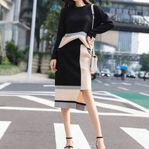 여성 니트 스커트 티셔츠 세트 밑단언발 라운드넥