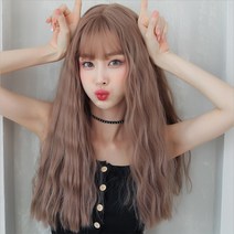 하이유니 히피펌 뱅 헤어 통가발 54cm + 가발망 + 거치대 세트, 코랄핑크